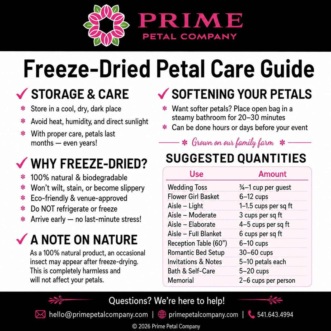 Freeze-Dried Petal Care Guide from Prime Petal Company with storage and care instructions.