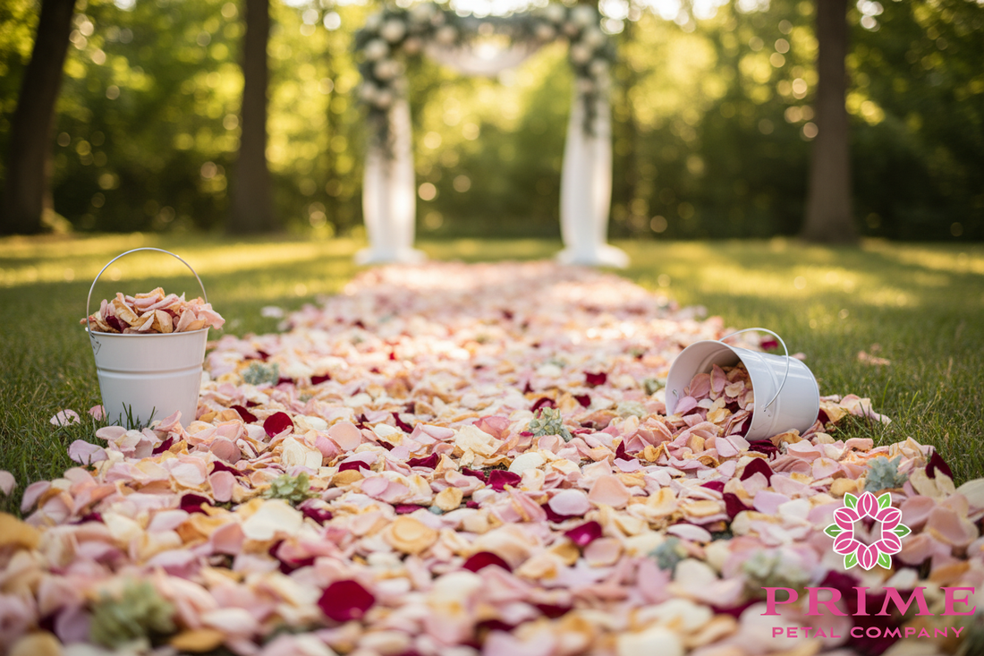 Late summer wedding aisle with freeze-dried petals in warm golden light – Prime Petal Company