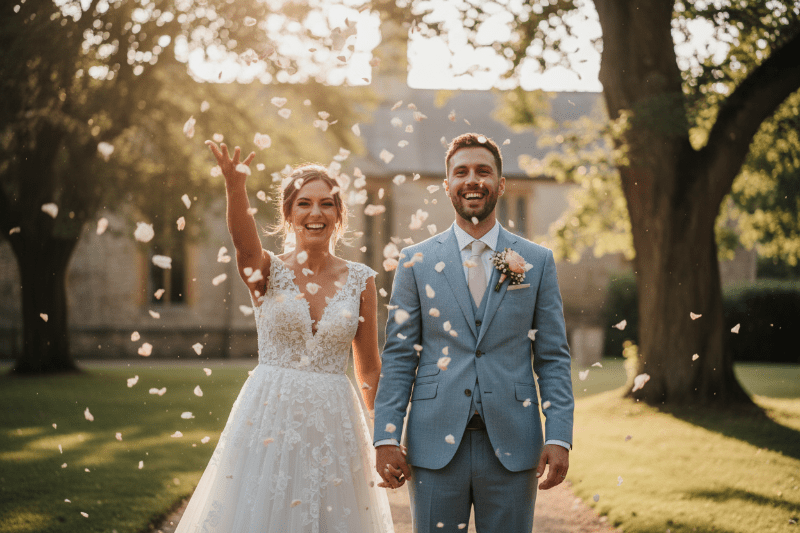 Petal toss at summer wedding with freeze-dried rose and hydrangea petals – Prime Petal Company