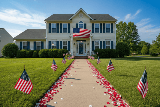 All-American home with red and white rose petals lining the sidewalk for July 4th – Prime Petal Company