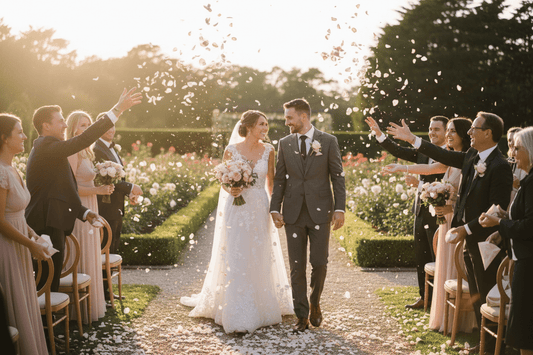 Bride and groom walking through a freeze-dried petal toss send-off – Prime Petal Company