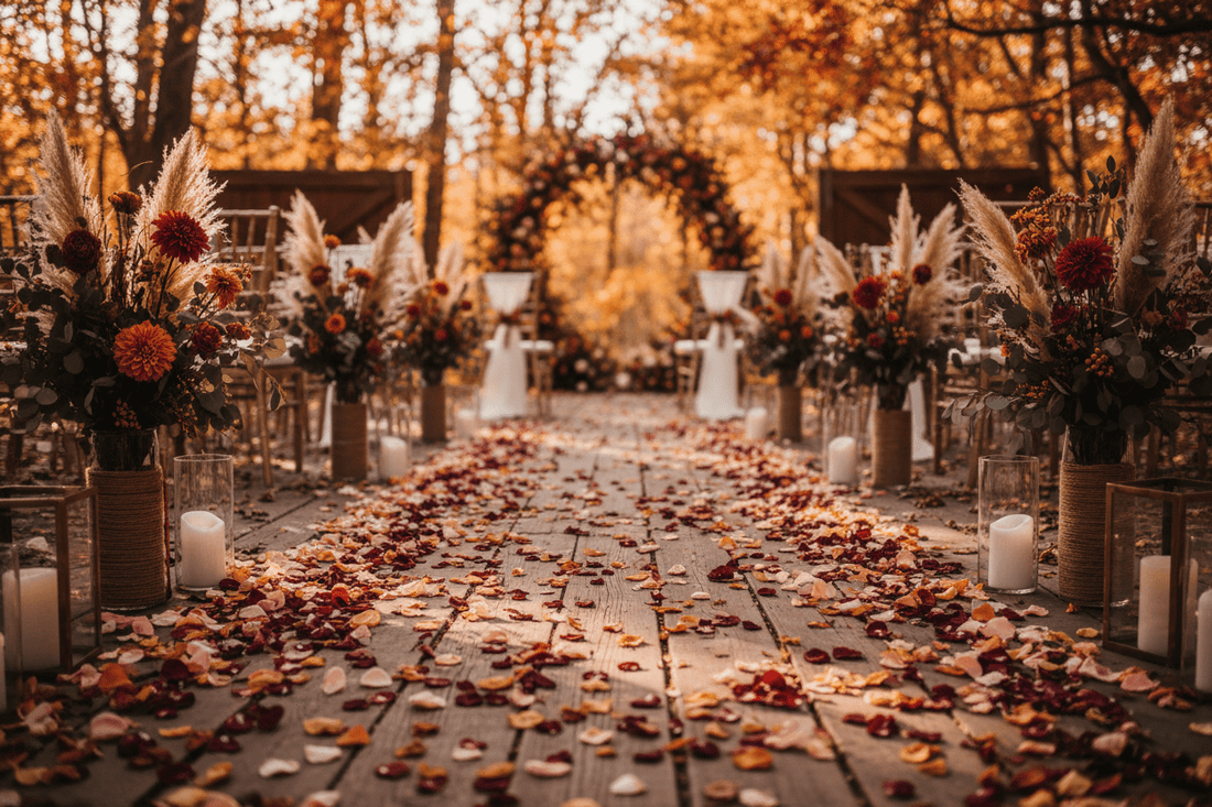 freeze-dried rose petals lining a fall wedding ceremony aisle - Prime Petal Company
