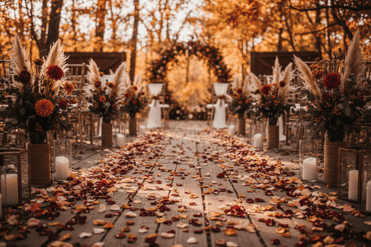 freeze-dried rose petals lining a fall wedding ceremony aisle - Prime Petal Company