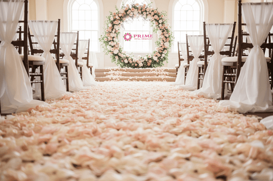 Blush and white freeze-dried rose petal carpet on wedding ceremony aisle – Prime Petal Company