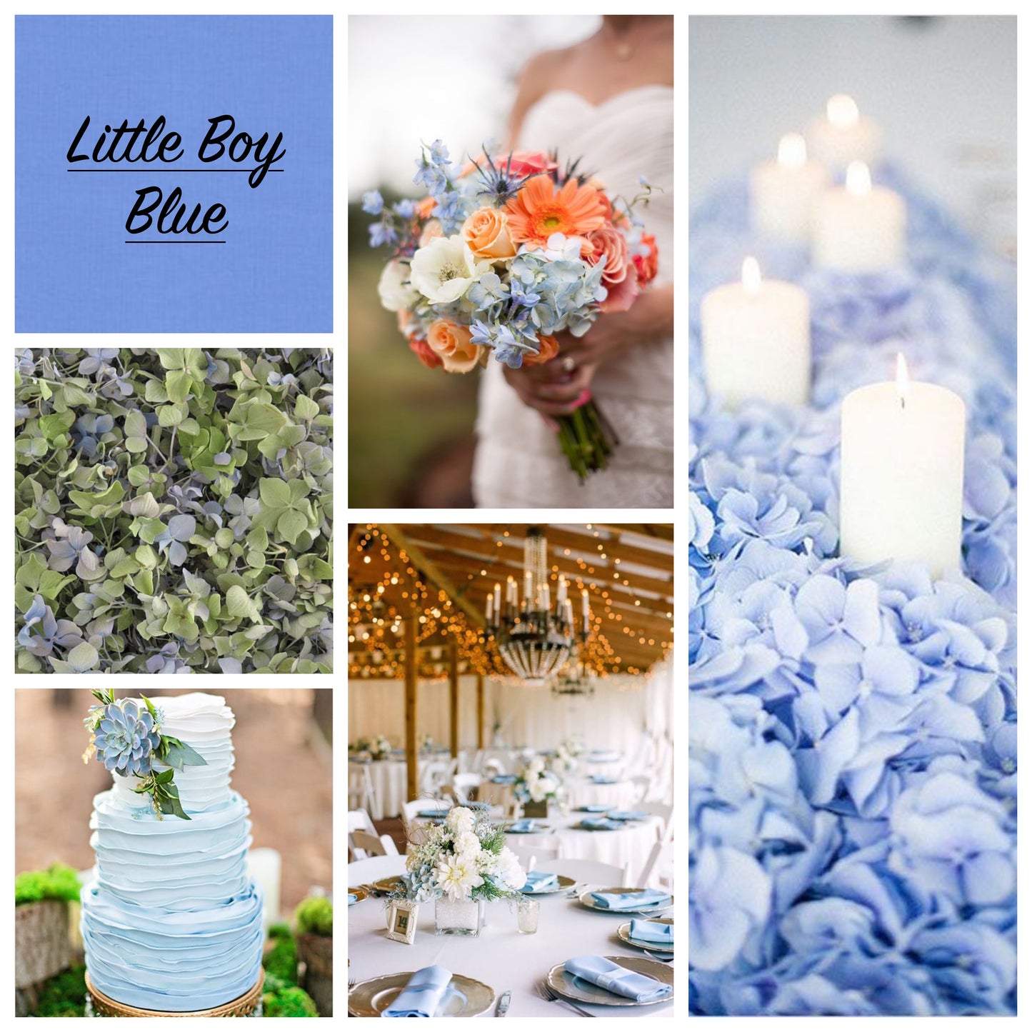 Bulk blue green hydrangea petals for wedding and event décor – Prime Petal Company. Collage of wedding decorations with blue and green hydrangea petals, including flowers, cake, and table settings.