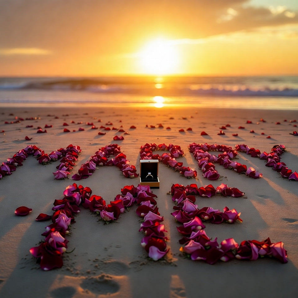 Bulk crimson rose petals for rich red wedding and event décor – Prime Petal Company. Proposal scene with 'Will you marry me?' written in rose petals on a beach at sunset.