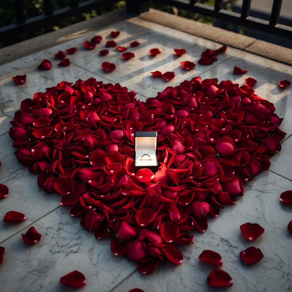 Bulk romance red rose petals for romantic wedding décor – Prime Petal Company.   Proposal, Heart-shaped arrangement of red rose petals with a ring box on a marble surface.