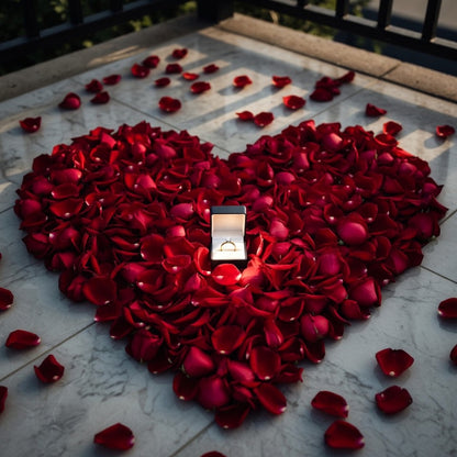 Bulk romance red rose petals for romantic wedding décor – Prime Petal Company.   Proposal, Heart-shaped arrangement of red rose petals with a ring box on a marble surface.