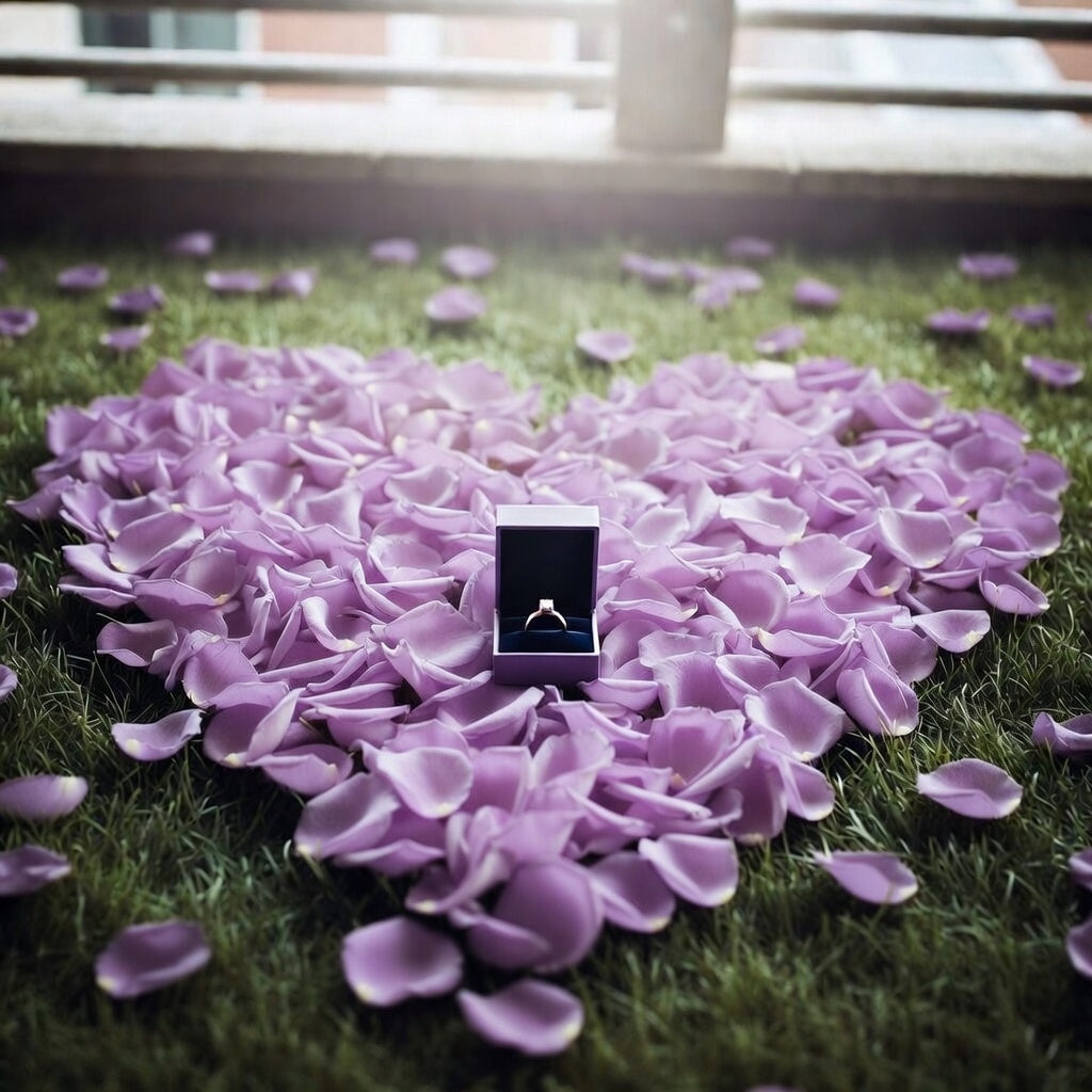 Bulk purple rose petals for wedding celebrations and event décor – Prime Petal Company. Heart-shaped arrangement of purple petals with a ring box on grass.