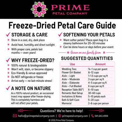 Freeze-Dried Petal Care Guide from Prime Petal Company with storage and care instructions.