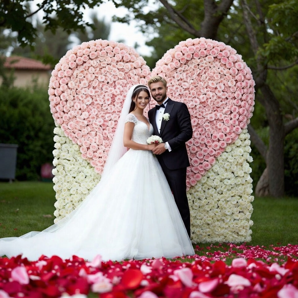 Bulk pink rose petals for wedding aisle and décor – Prime Petal Company. Wedding couple standing in front of pink and white floral heart-shaped arrangements.