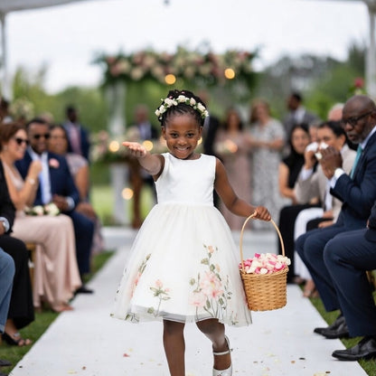 Bulk pink rose petals for wedding aisle and décor – Prime Petal Company. Flower girl in a white floral dress holding a basket & tossing rose petals.