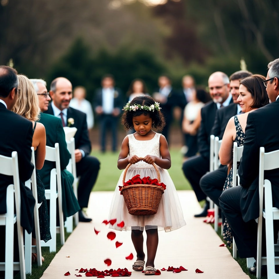 Bulk ruby rose petals for weddings and romantic events – Prime Petal Company.  Flower girl in a white dress holding a basket of red rose petals at a wedding ceremony.