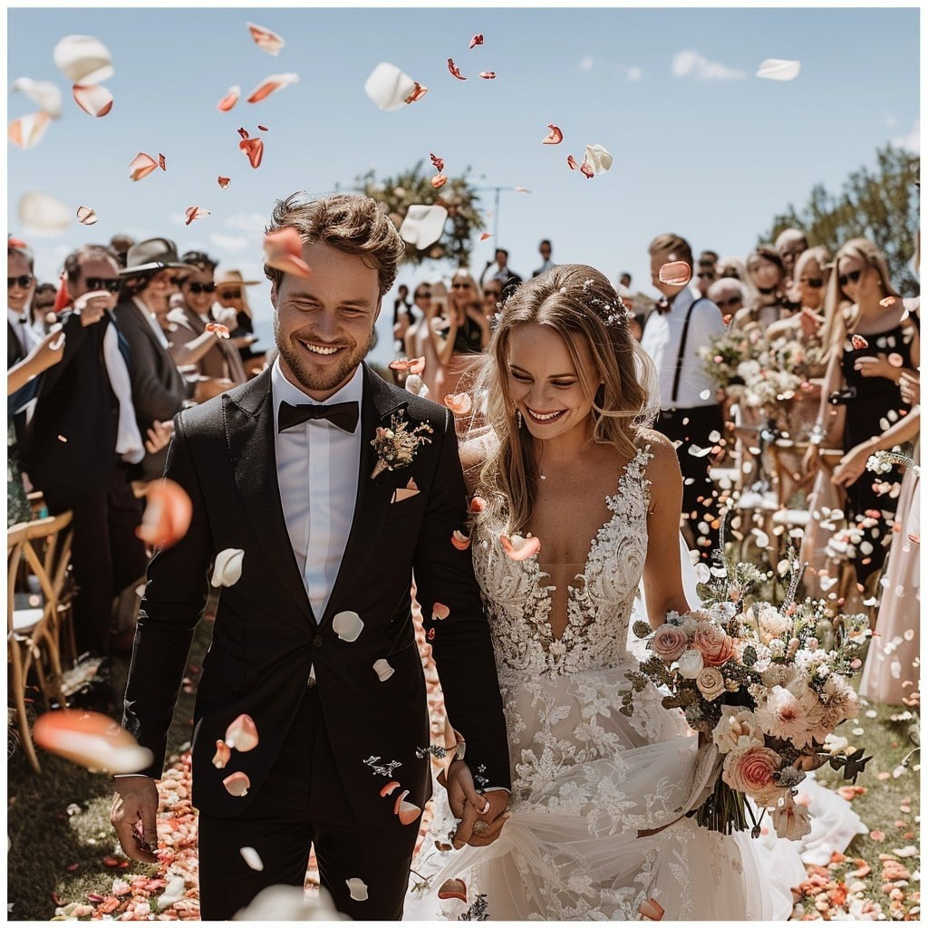 Bulk purple rose petals for wedding celebrations and event décor – Prime Petal Company. Wedding couple walking down the aisle with confetti and flowers, surrounded by guests.