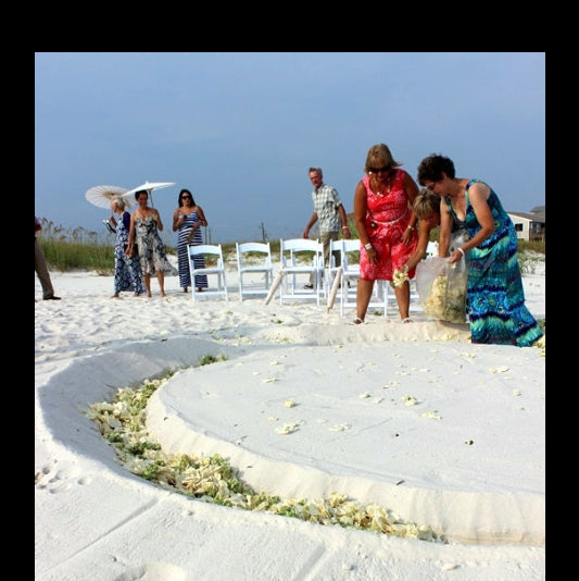 Bulk Irish Blend green hydrangea and ivory rose petals for weddings – Prime Petal Company. A group of people creating a circle of love made with rose petals for a wedding on a beach.  Beach Wedding.