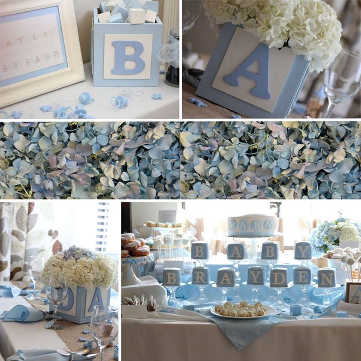 Bulk Something Blue rose and hydrangea petals for wedding décor – Prime Petal Company.Collage of baby shower decorations with blue and white theme.