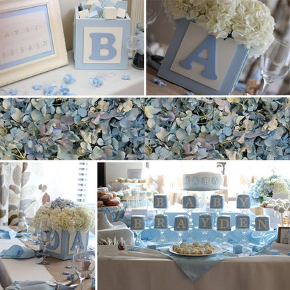 Bulk Something Blue rose and hydrangea petals for wedding décor – Prime Petal Company.Collage of baby shower decorations with blue and white theme.