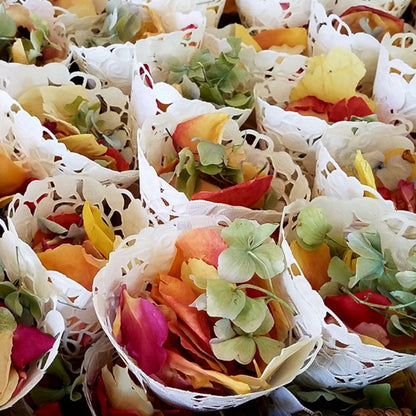 Bulk Blissful Bloom mixed flower petals for weddings and events – Prime Petal Company. Colorful flower petals in decorative paper cups on a textured surface