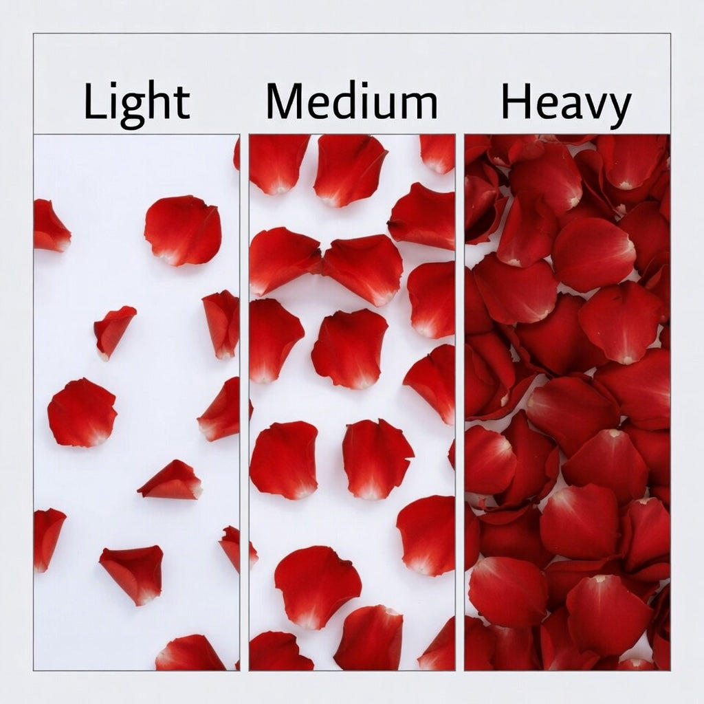 Bulk Peppermint Twist rose and hydrangea petal blend for weddings – Prime Petal Company. Three columns labeled 'Light', 'Medium', and 'Heavy' with red rose petals on a white background.