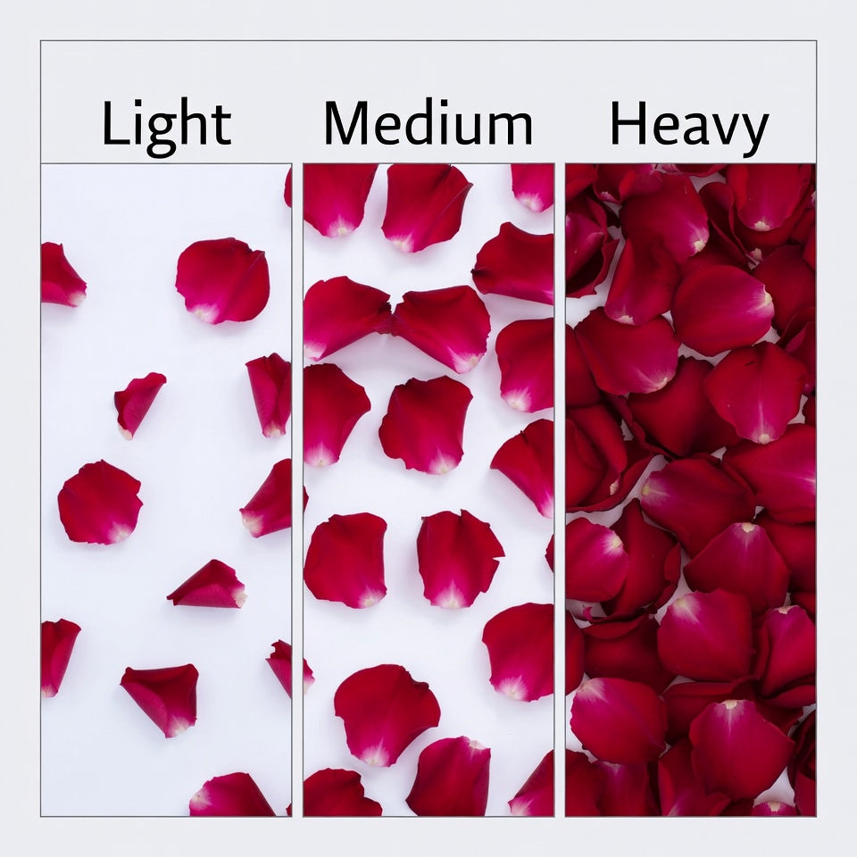 Bulk crimson rose petals for rich red wedding and event décor – Prime Petal Company. Three sections labeled 'Light', 'Medium', and 'Heavy' with increasing amounts of red rose petals.