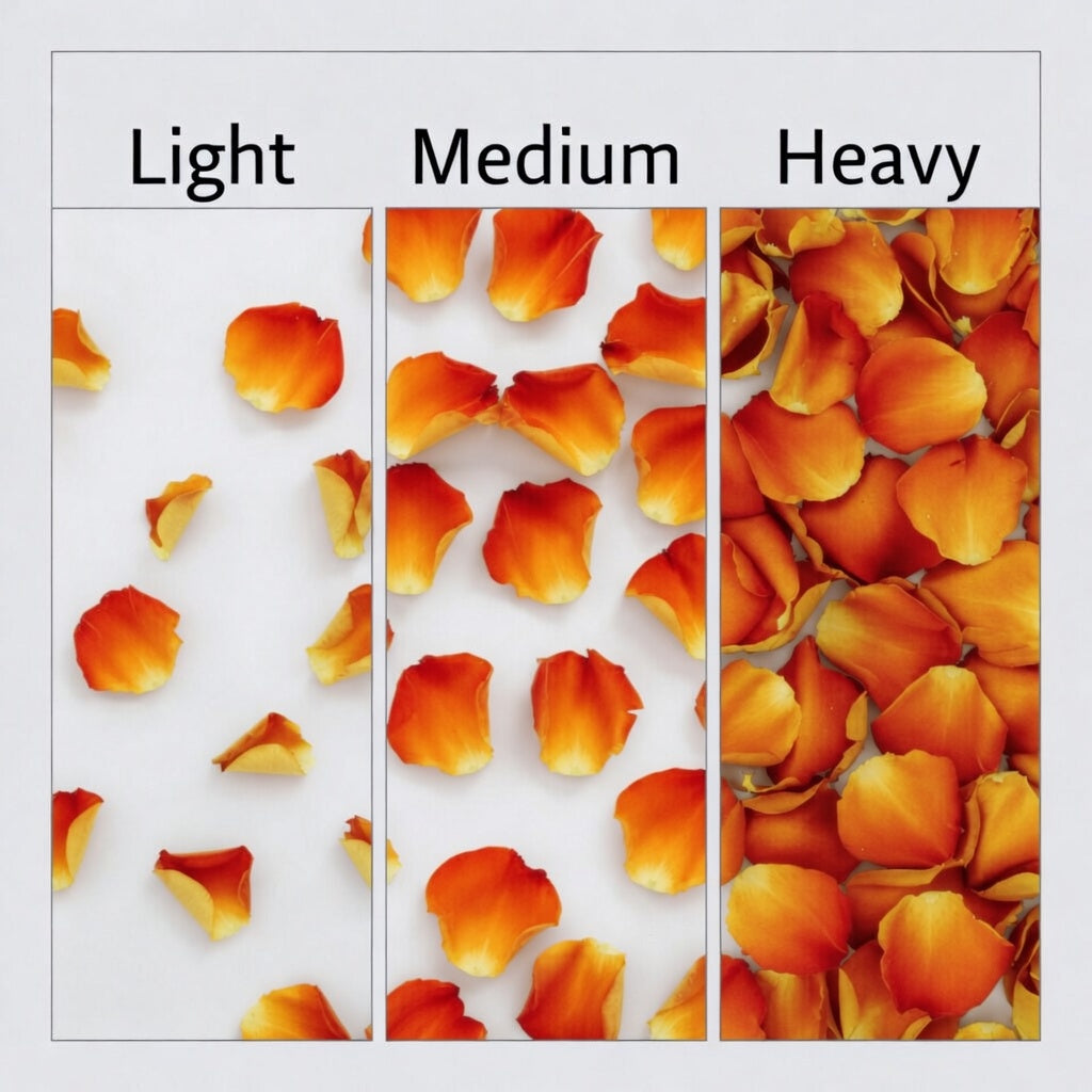 Bulk orange ombre gradient rose petals for fall weddings – Prime Petal Company . Three columns labeled 'Light', 'Medium', and 'Heavy' with increasing amounts of orange flower petals.