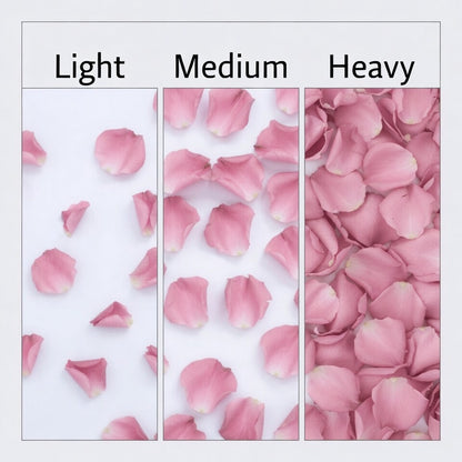 Bulk Irish Blend green hydrangea and ivory rose petals for weddings – Prime Petal Company. Three columns of pink rose petals labeled 'Light', 'Medium', and 'Heavy' on a white background.