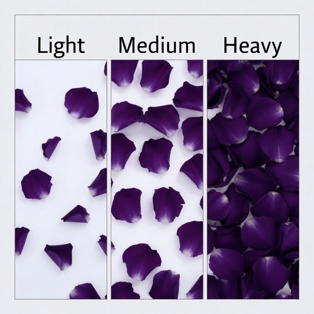 Bulk purple rose petals for wedding celebrations and event décor – Prime Petal Company. Three sections labeled 'Light', 'Medium', and 'Heavy' with purple flower petals.