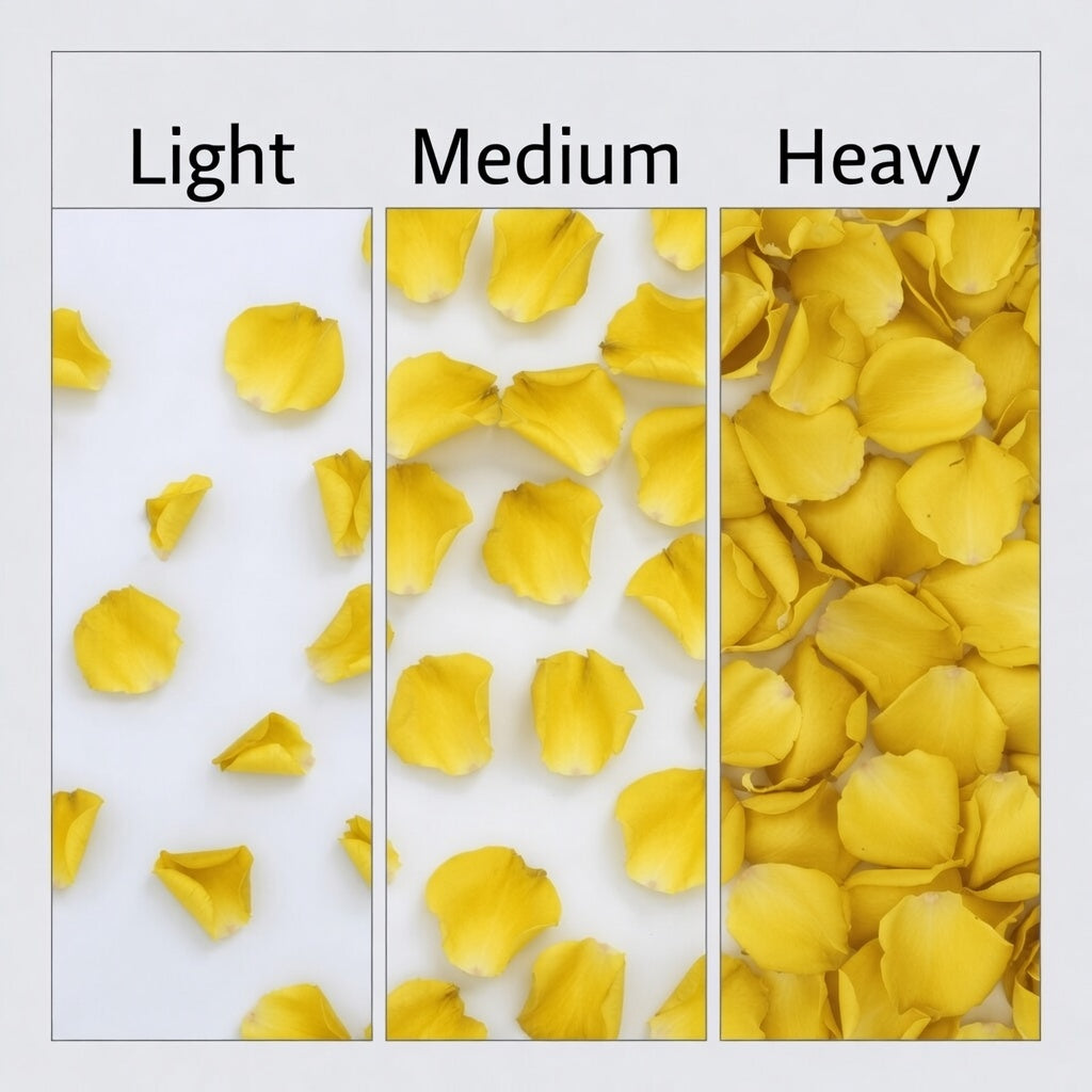 Bulk yellow rose petals for bright wedding aisle and party décor – Prime Petal Company.  Three columns of yellow rose petals labeled 'Light', 'Medium', and 'Heavy' on a white background.