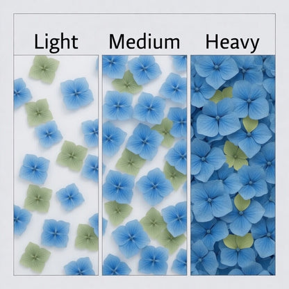 Bulk blue green hydrangea petals for wedding décor – Prime Petal Company. Three sections labeled 'Light', 'Medium', and 'Heavy' with blue and green Hydrangea Petals