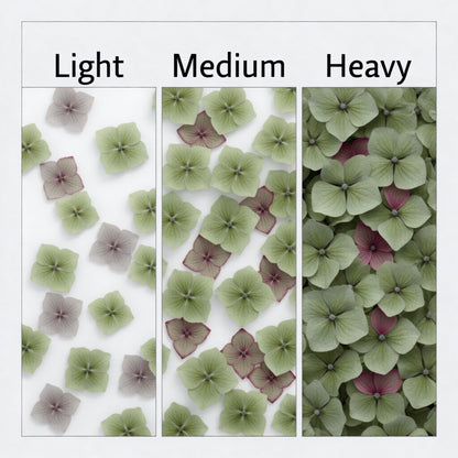 Bulk green hydrangea petals for wedding and event décor – Prime Petal Company. Three sections labeled 'Light', 'Medium', and 'Heavy' with green and pink hydrangea petals.