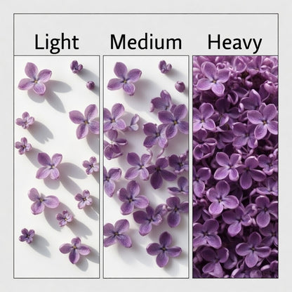 Three sections showing different intensities of purple flowers labeled 'Light', 'Medium', and 'Heavy'.