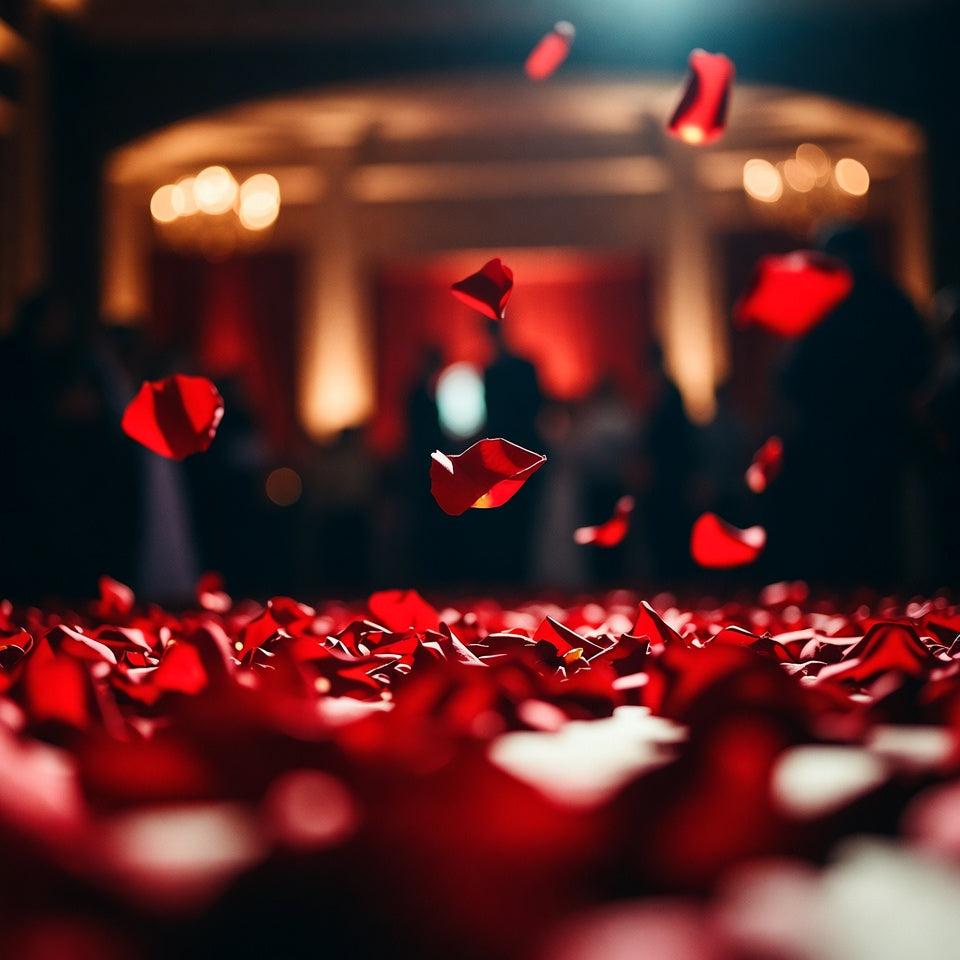 Bulk romance red rose petals for romantic wedding décor – Prime Petal Company. Red rose petals falling onto a red carpet with blurred audience and stage in the background