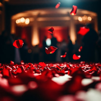 Bulk romance red rose petals for romantic wedding décor – Prime Petal Company. Red rose petals falling onto a red carpet with blurred audience and stage in the background
