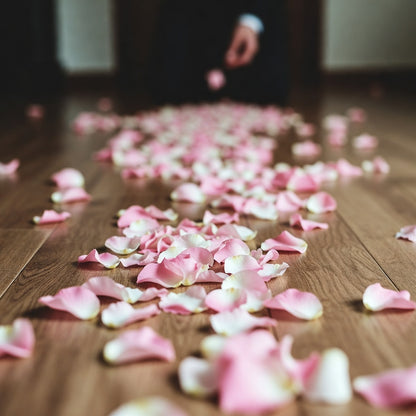 Bulk pink rose petals for wedding aisle and décor – Prime Petal Company.  Trail of Pink rose petals scattered on a wooden floor with a blurred figure in the background. Romance evening.