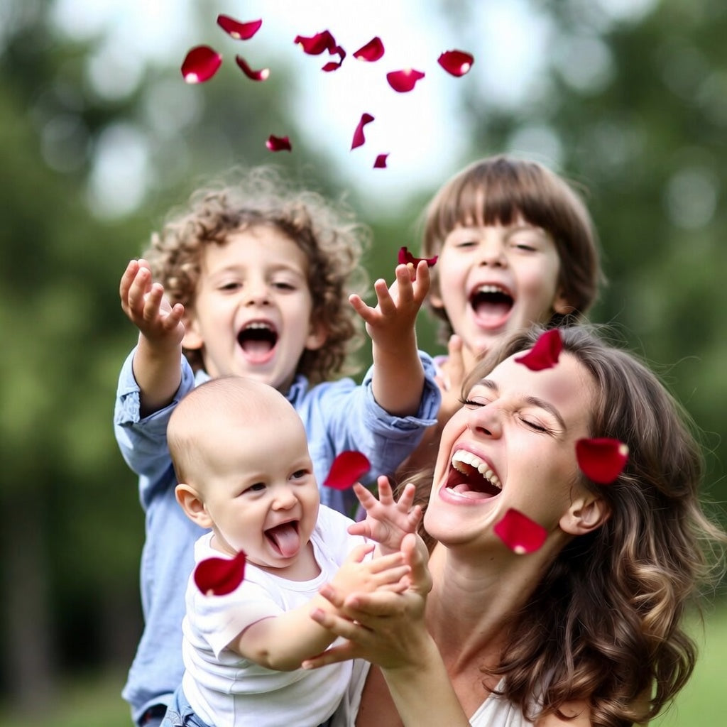 Bulk ruby rose petals for weddings and romantic events – Prime Petal Company. Mom and children playing outdoors with red rose petals for family photos.