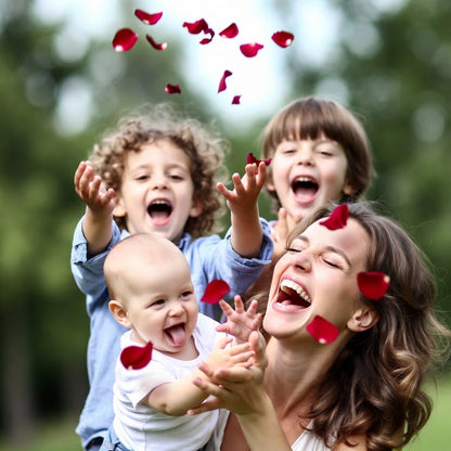 Bulk ruby rose petals for weddings and romantic events – Prime Petal Company. Mom and children playing outdoors with red rose petals for family photos.