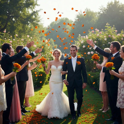 Wedding couple waving with guests tossing orange rose petal confetti – Prime Petal Company