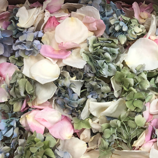 Bulk Ever After Blend rose and hydrangea petals for romantic weddings – Prime Petal Company. Assorted petals in pastel colors including pink, blue, and green.