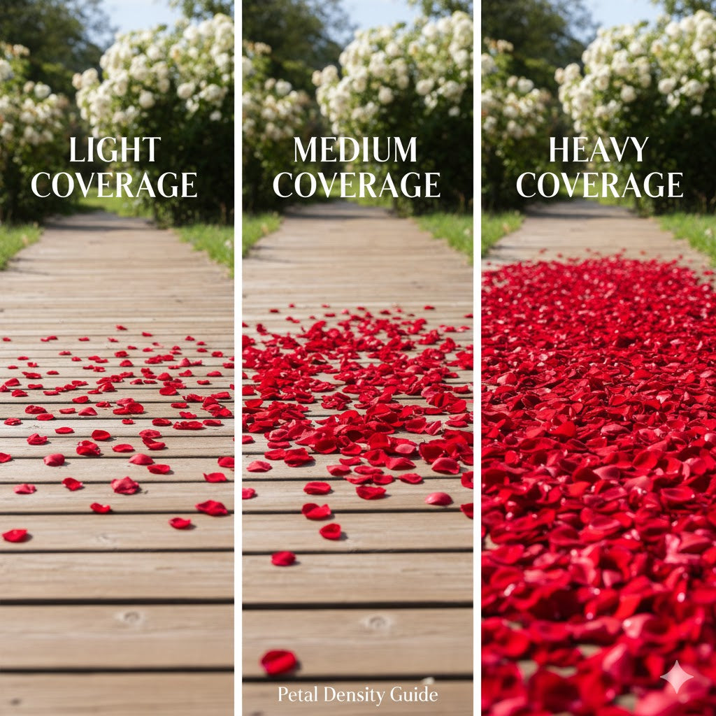 Bulk crimson rose petals for rich red wedding and event décor – Prime Petal Company. Three sections showing different petal coverage on a wooden path with rose petals.