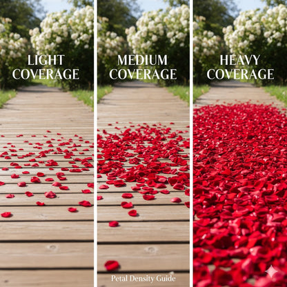 Bulk crimson rose petals for rich red wedding and event décor – Prime Petal Company. Three sections showing different petal coverage on a wooden path with rose petals.