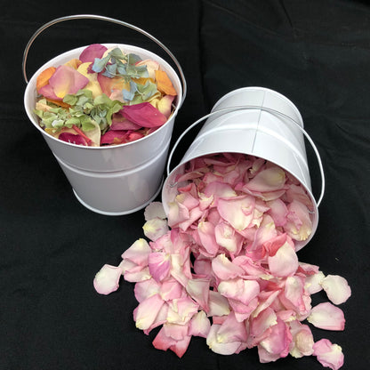 Flower girl petal pail with real rose petals for weddings – Prime Petal Company. Two 2 Qt. pails, one filled with colorful petals and the other with pink rose petals, on a black background.