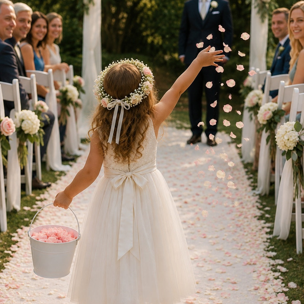 Flower girl petal pail with real rose petals for weddings – Prime Petal Company. Young girl in a white dress throwing pink flower petals at a wedding ceremony.