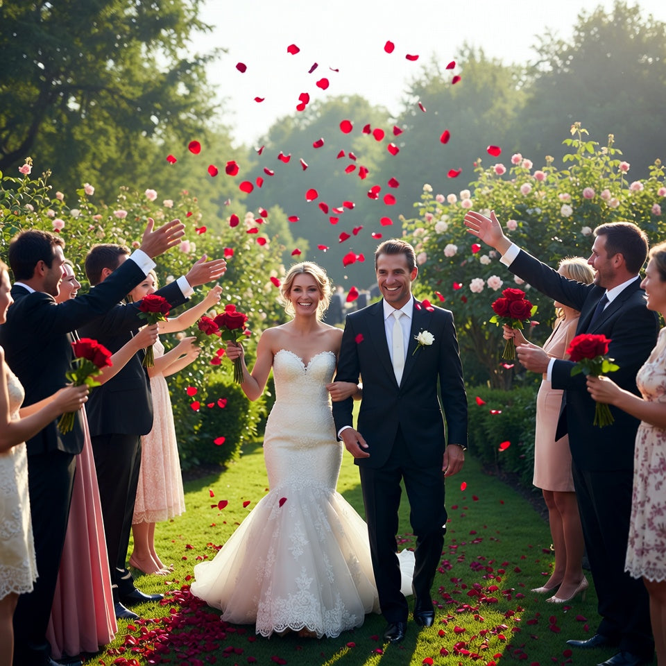 Bulk romance red rose petals for romantic wedding décor – Prime Petal Company. Newlyweds with red rose petal toss from the wedding guests.