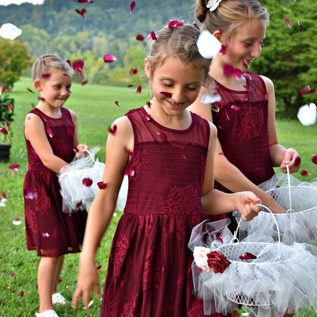 Bulk Peppermint Twist rose and hydrangea petal blend for weddings – Prime Petal Company. Three young girls in red dresses standing in a grassy area with flower petals falling around them.