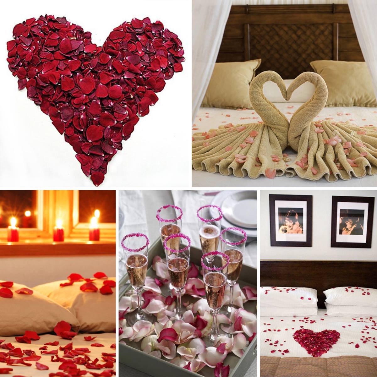 Bulk romance red rose petals for romantic wedding décor – Prime Petal Company. Collage of romantic bedroom decorations including heart-shaped rose petals, towels, candles, and champagne glasses.