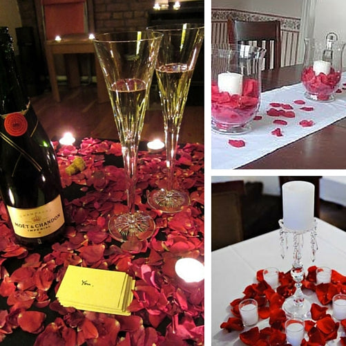 Bulk ruby rose petals for weddings and romantic events – Prime Petal Company. Collage of a romantic dinner setup with red rose petals, candles, and champagne.