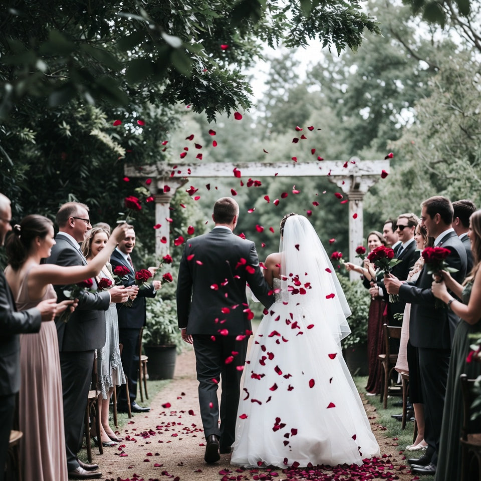 Bulk Enchanted Garden mixed rose and hydrangea petals for weddings – Prime Petal Company. Wedding ceremony with red rose petals falling, bride and groom walking down aisle.