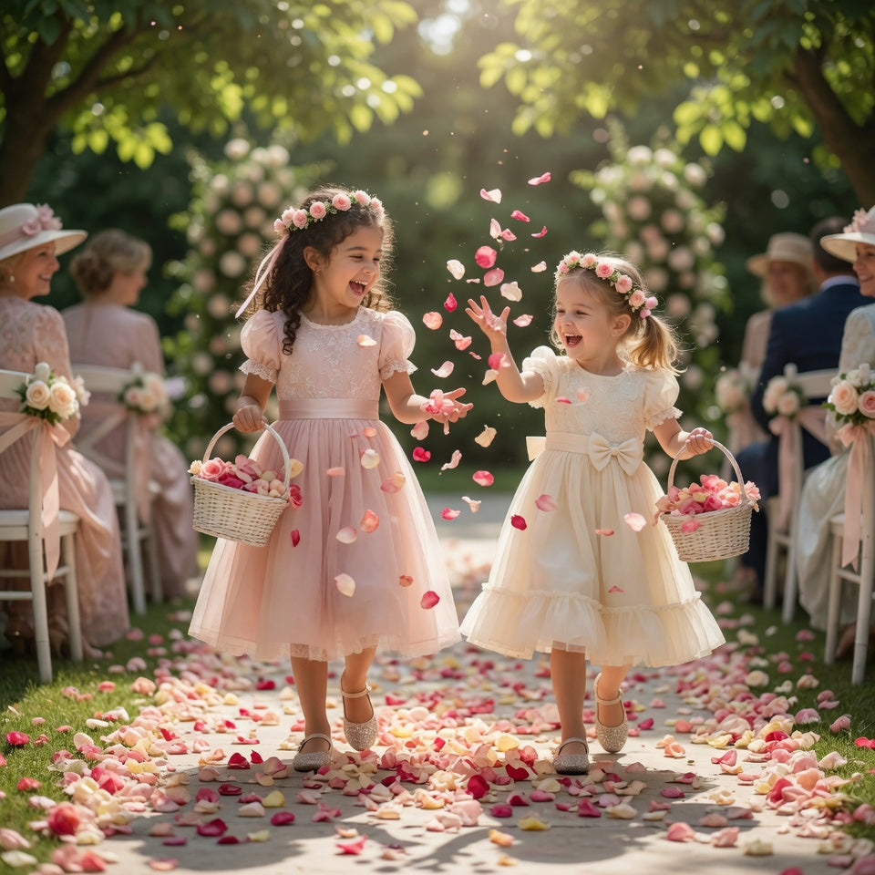 Flower girl petal pail with real rose petals for weddings – Prime Petal Company. Two young girls in floral dresses are throwing flower petals in a garden wedding.