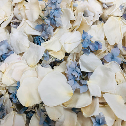 Bulk Something Blue rose and hydrangea petals for wedding décor – Prime Petal Company