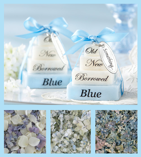 Bulk Something Blue rose and hydrangea petals for wedding décor – Prime Petal Company. Decorative favor bags with 'Old New Borrowed Blue' text and ribbons, surrounded by floral confetti.